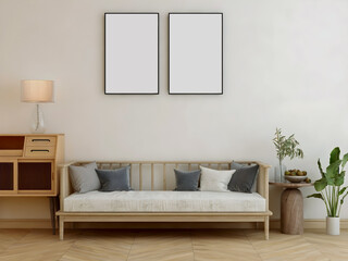 Room with long chair and pillows, rustic desk, table lamp, plant, and 2 empty frames. 3d illustration. 3d rendering