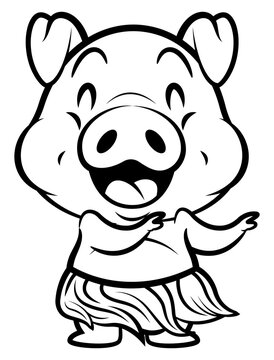 Cartoon illustration of Funny Piglets wearing hawaiian costume like lei and hula, and doing hula hula dance, best for sticker, mascot, and coloring book for kids