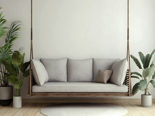 Room with hanging sofa and pillows, circle carpet, and plants. 3d illustration. 3d rendering