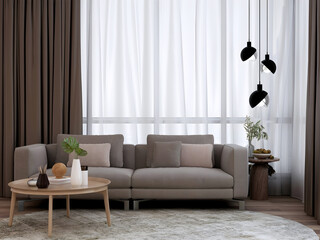 Room with grey sofa, wooden table, pampas grass, hanging lamp, and brown curtain. 3d illustration. 3d rendering