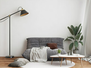 Mockup room with empty wall, grey sofa bed, table, plant, and floor lamp. 3d illustration. 3d rendering