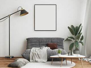 Mockup room with an empty frame, grey sofa bed, table, plant, and floor lamp. 3d illustration. 3d rendering