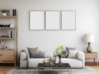 Obraz na płótnie Canvas Mid-century mockup room with 3empty frames, 2 white sofa and pillows, table lamp, table, and wooden bookshelves. 3d illustration. 3d rendering