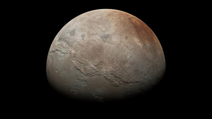 Charon moon of Pluto, sixth largest trans Neptunian object of the solar system. Super high definition surface detail.