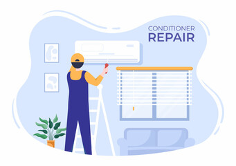 Air Conditioner Repair or Installation Illustration with Unit Breakdown, Maintenance Service, Cooling System in Flat Style Cartoon Concept