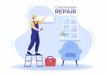 Air Conditioner Repair or Installation Illustration with Unit Breakdown, Maintenance Service, Cooling System in Flat Style Cartoon Concept