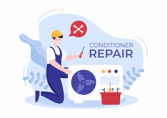 Naklejka na ściany i meble Air Conditioner Repair or Installation Illustration with Unit Breakdown, Maintenance Service, Cooling System in Flat Style Cartoon Concept