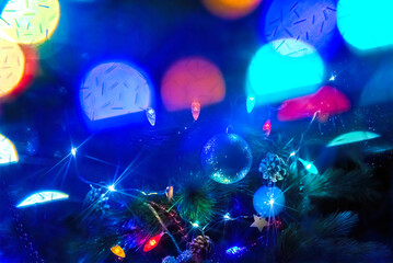 festive blue bokeh garlands in blur. selective focus