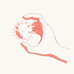 Hand holding abstract spherical virus. Virus diseases relative illustration. Concept of medicine, biotechnology and biochemistry