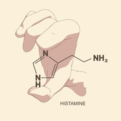 Hand holding chemical molecular formula of histamine.