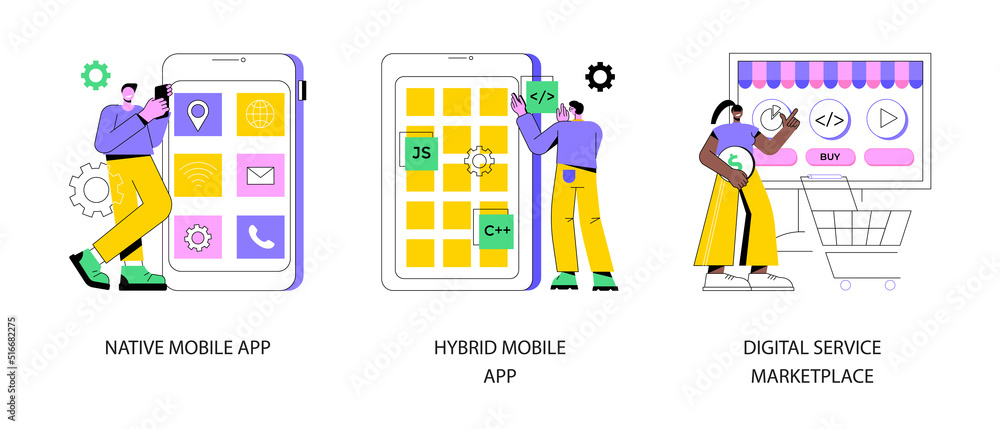 Poster software application abstract concept vector illustration set. native and hybrid mobile app, digital