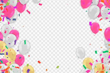 Kids party with balloons pink white and yellow on background
