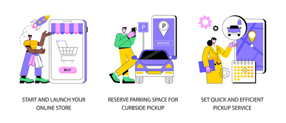 Covid19 business abstract concept vector illustration set. Start and launch your online store, reserve parking space, curbside pickup, set pickup service, employee safety abstract metaphor.