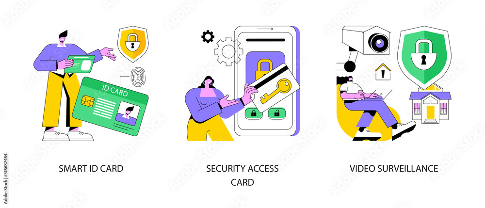 Poster security and identity verification abstract concept vector illustration set. smart id card, electron
