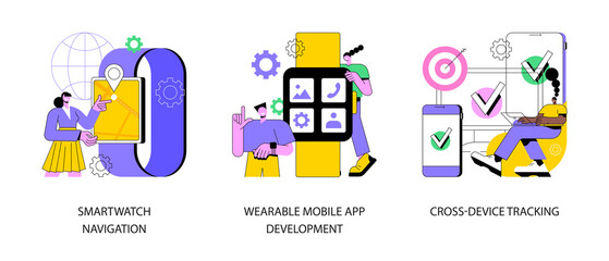 Modern devices abstract concept vector illustration set. Smartwatch navigation, wearable mobile app development, cross-device tracking, smart tracker, GPS watch, user profile abstract metaphor.