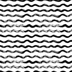 Abstract seamless hand drawn wavy pattern. Black and white curved brush strokes, wavy lines with scribbles and scuffs. Vector ink illustration. Design for backdrops with sea, rivers or water texture
