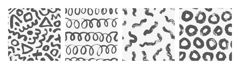 Abstract geometric backgrounds in Memphis style. Vector seamless pattern with circles, waves, geometric doodles. Chaotic ink brush scribbles decorative textures. Set of modern abstract wallpapers. 