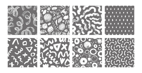 Abstract geometric shapes seamless pattern collection. Geometric ornaments with black brush strokes, doodle elements, swirls and scribbles. Memphis design, simple shapes. Set of abstract wallpapers