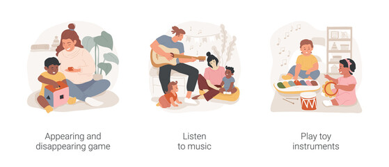 Infants cognitive development isolated cartoon vector illustration set. Appearing and disappearing game, listen to music, play toy instruments, daycare center, nursery school vector cartoon.