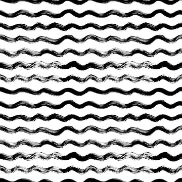 Abstract seamless hand drawn wavy pattern. Black and white curved brush strokes, wavy lines with scribbles and scuffs. Vector ink illustration. Design for backdrops with sea, rivers or water texture
