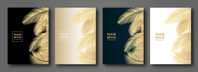 Tropical cover, frame design set with abstract palm leaf pattern (palm tree leaves). Premium gold, black vector background useful for brochure template, exotic restaurant menu, invitation