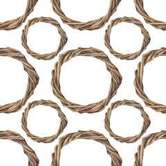 Seamless pattern watercolor wreath of willow branches with copy space isolated on white background. Brown hand-drawn art for celebration Easter. Boho decor for dreamcatcher. Wallpaper wrapping
