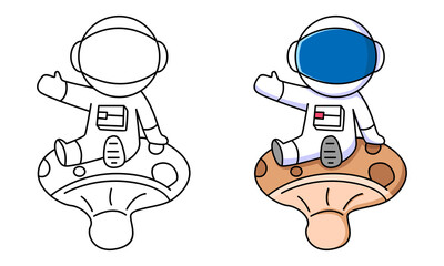 Obraz premium cute astronaut sitting on mushroom coloring page for kids
