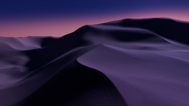 Undulating Sand Dunes form an Empty Desert Landscape. Dusk Background with Pink Gradient Starry Sky.