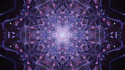 Sacred cosmic mandala lines fusion in purple blue rosette - fast trippy trance light energy fractal kaleidoscope music vj vlog - seamless looping abstract background.
