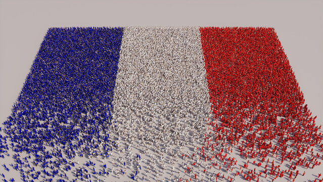 A Crowd of People congregating to form the Flag of France. French Banner on White.
