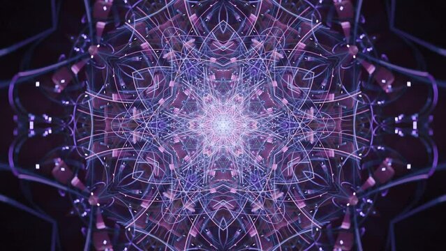 Sacred cosmic mandala lines fusion in purple blue rosette - fast trippy trance light energy fractal kaleidoscope music vj vlog - seamless looping abstract background.