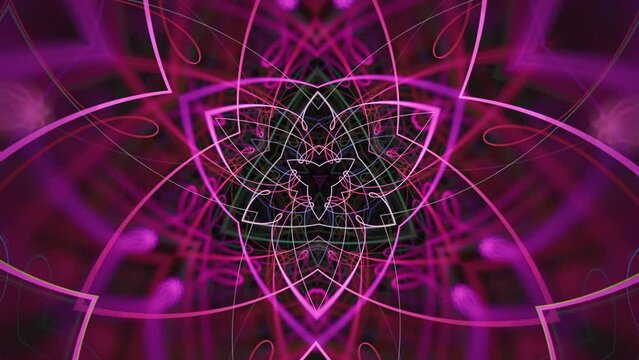 Exciting music beats trippy trance purple pink symmetrical lines mandala background - fast light energy fractal kaleidoscope vj vlog - seamless looping abstract fractal.