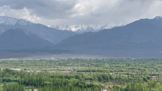 Panoramic View Of Ladakh Range From Field In Leh, Ladakh, India. wide, pan left