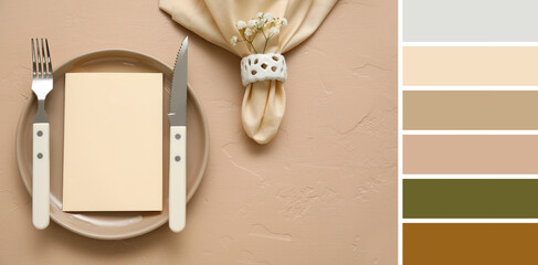 Beautiful table setting on beige background. Different color patterns