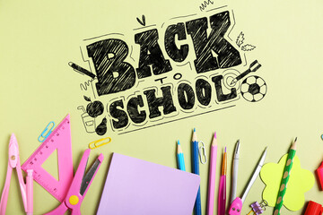 Different stationery on yellow background, top view. Back to school