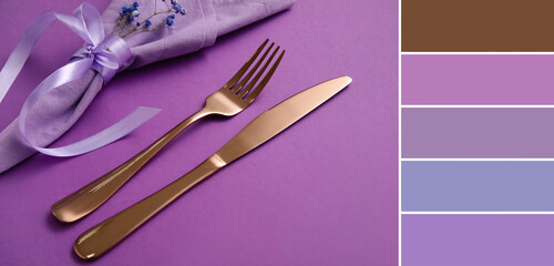 Cutlery for table setting on violet background. Different color patterns