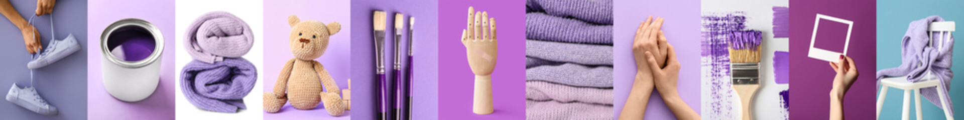 Creative collage of different photos in violet colors