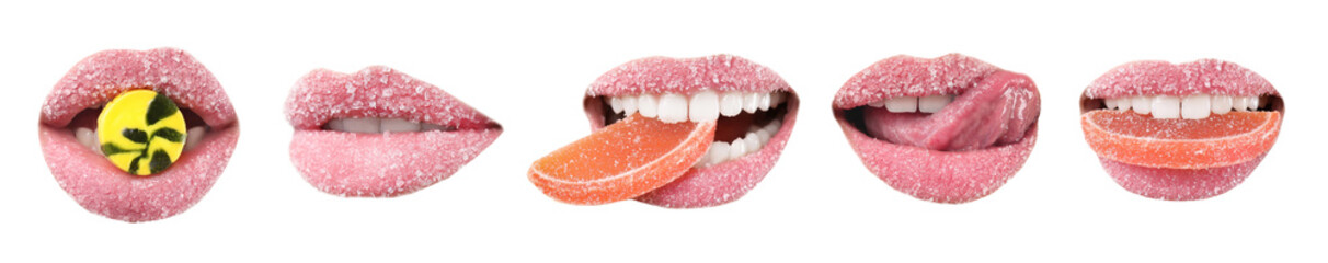 Set of beautiful female lips covered with sugar on white background