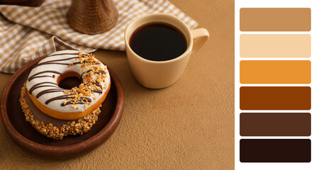 Tasty donuts and coffee on table. Different color patterns