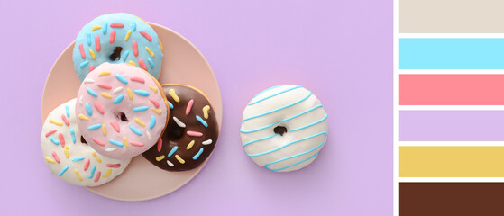 Plate with sweet donuts on lilac background. Different color patterns