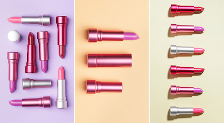 Set of modern lipsticks on color background, top view