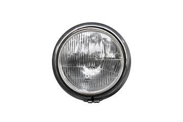 Round vintage headlight, old-timer vehicle detail isolated on white