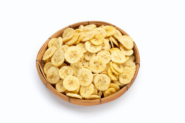 Banana slice chips on white background.