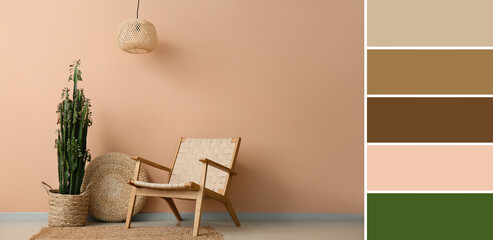 Houseplant, wicker pouf and armchair near beige wall. Different color patterns