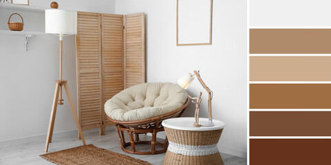 Interior of stylish living room with armchair, lamps, folding screen and wicker coffee table. Different color patterns