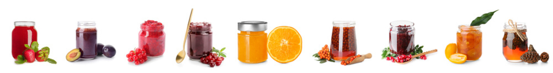 Jars with various sweet jams isolated on white © Pixel-Shot