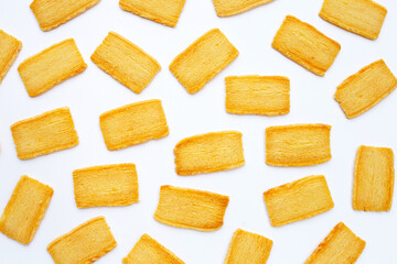 Cheese crispies on white background.