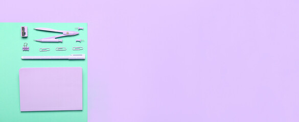 School stationery on lilac background with space for text, top view