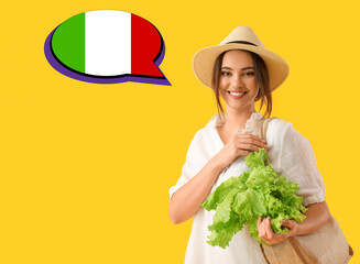 Pretty young woman with eco bag and speech bubble on yellow background. Studying of Italian language