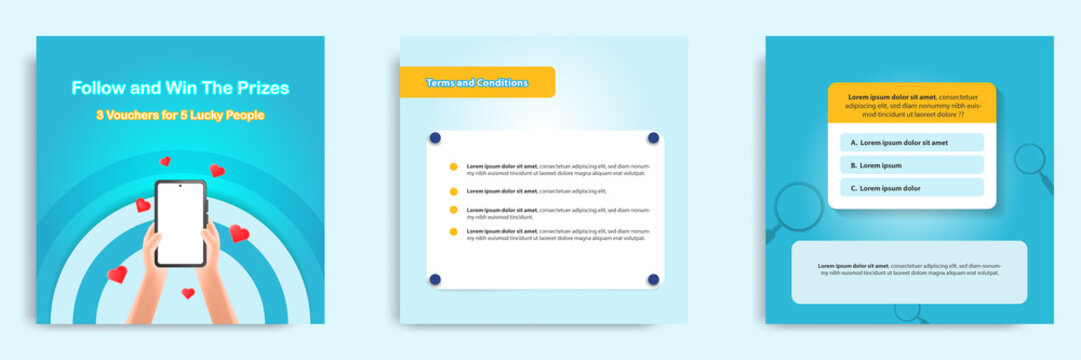Social media post banner template layout in3D cartoon style. Quiz, challenge, gift, lottery concept